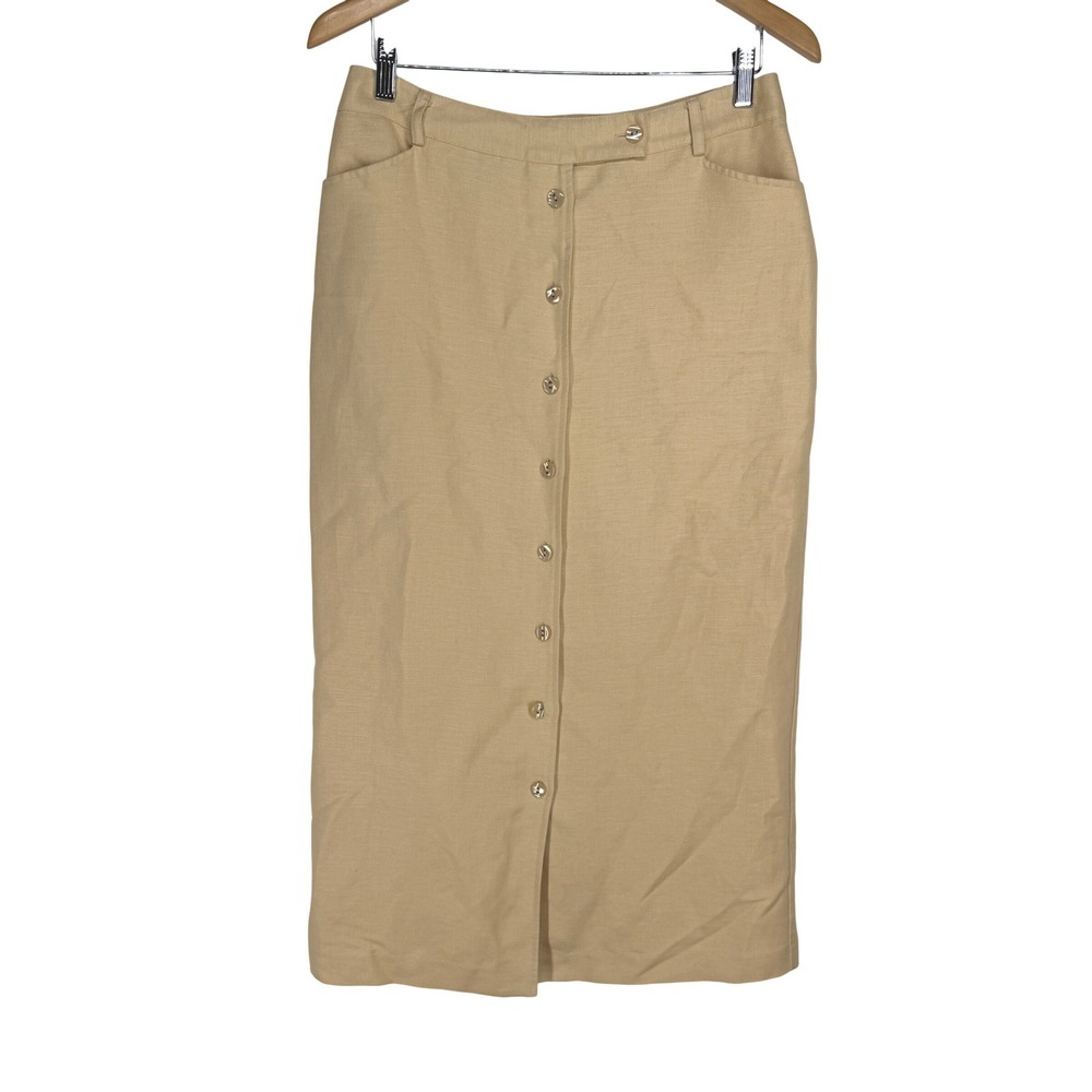 Vintage Button Front Linen Midi Skirt Pockets Womens Size 10 Equestrian Preppy